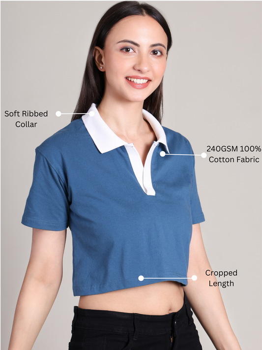 Polo Crop Top -Solid | 100% Cotton – Women | Tasty Teal