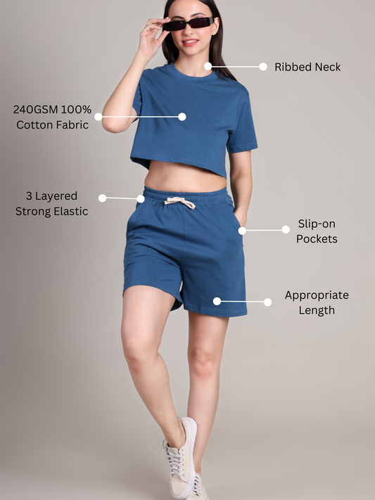 Crop Co-ord Set-Solid | 100% Cotton – Women | Tasty Teal