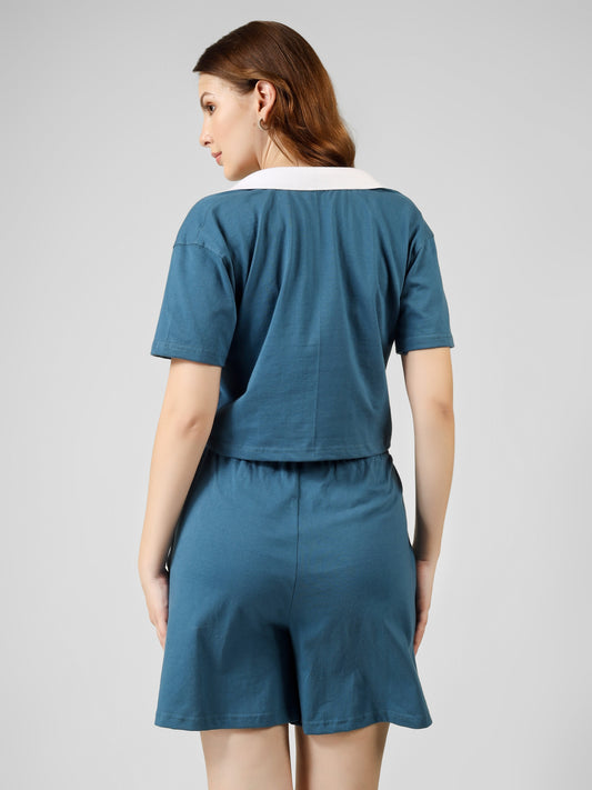 Polo Crop Co-ord Set| 100% Cotton – Women | Teal & White