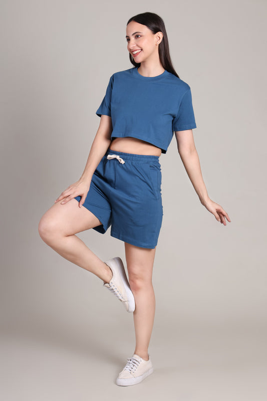 Crop Co-ord Set-Solid | 100% Cotton – Women | Tasty Teal