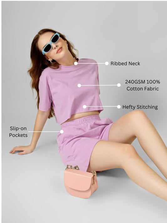 Crop Co-ord Set-Solid | 100% Cotton – Women | Lovely Lavender